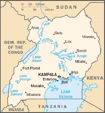 [Country map of Uganda]