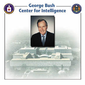 Picture of former Director of Central Intelligence and President George Bush superimposed over an aerial view of the CIA Heaqdquarters compound