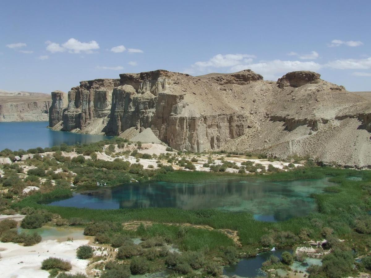 Band-e-Amir in Bamyan Province is Afghanistan's first national park; it consists of six spectacular turquoise lakes separated by natural dams of travertine.