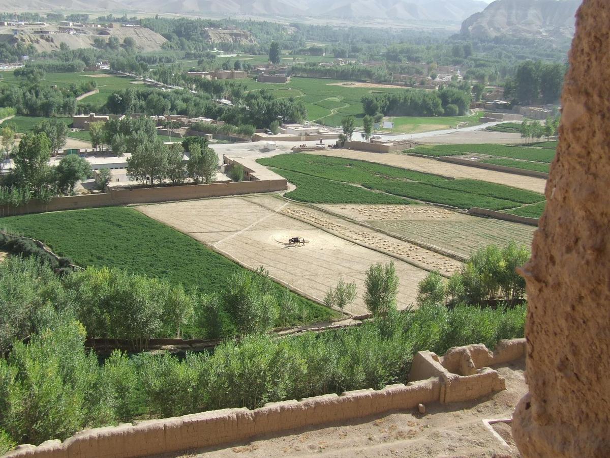 View of surrounding farmlands from within the caves at the "Large Buddha" in Bamyan.