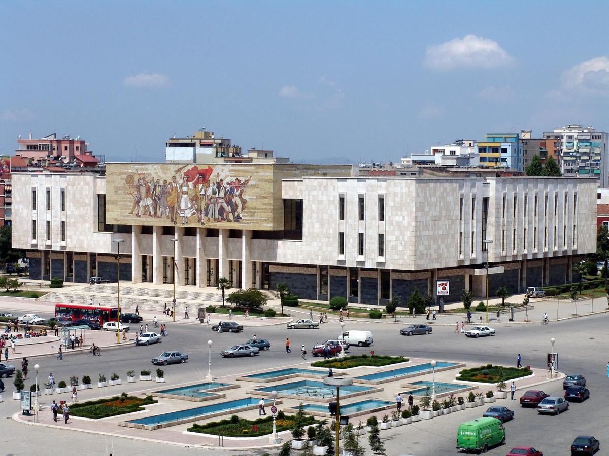 "The Albanians," a colorful mosaic on the facade of the National Historical Museum in Tirana, depicts the evolution of Albanian history from ancient Illyrians to 20th-century partisans.