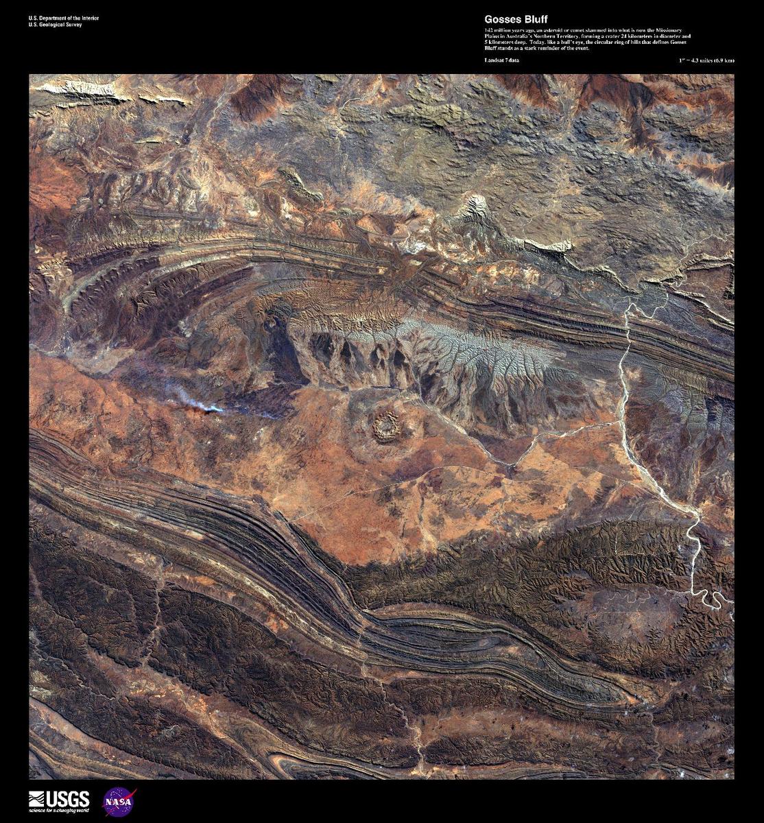 142 million years ago, an asteroid or comet slammed into what is now the Missionary Plains in the Northern Territory, forming a crater 24 km (15 mi) in diameter. Due to erosion, the crater rim has been reduced to only 5 km (3 mi). Today, like a bull's eye, the circular ring of hills that defines Gosses Bluff (image center) stands as a stark reminder of the event shown in this high-resolution satellite photo. Image courtesy of USGS.