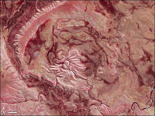 Over the Kimberley Region of northern Western Australia, satellite sensors and airplane passengers alike can see a giant arachnid sprawling over the arid landscape. This spider is not just big, it is old. This prehistoric monster crawls out of the past as if to remind us of the destructive power of the cosmos. In this false-color satellite image Spider Crater and the surrounding arid landscape appear in varying shades of crimson. Water appears blue-black, namely in the meandering river near the bottom edge of the image. Vegetation appears in shades of red. While vegetation looks sparse throughout the area, the intense red dots along the river indicate fairly lush - if intermittent - vegetation lining the riverbanks.
Strongly deformed layers of sedimentary rock give evidence of that the structure was formed by extraterrestrial trauma. Spider Crater rests in a depression some 13 by 11 km (8 by 7 mi) across. Meteorite craters often have central areas of uplift, and Spider Crater fits this pattern, with a central dome roughly 500 m (1,640 ft) in diameter. Radiating from this central dome are features unusual in impact craters in general, but important in giving this crater its nickname. Overlapping beds of tough sandstone that have weathered the elements far better than the surrounding rocks form the spider's "legs." So while Spider Crater sits in a depression and has a central uplift area characteristic of impact craters, it shows extreme differences in erosion, giving it a unique appearance. The age of Spider Crater is uncertain, but its formation has been estimated to fall between 900 and 600 million years ago. Image courtesy of NASA.