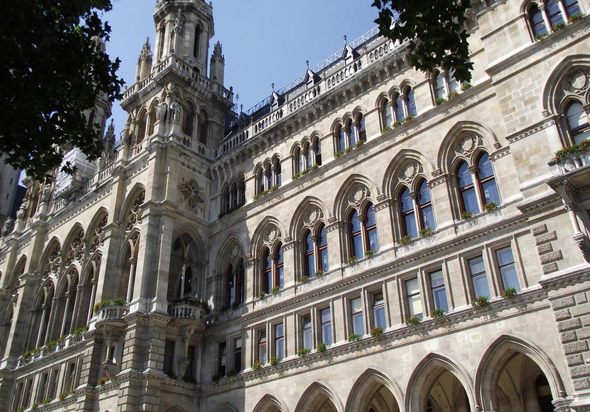 A view of the facade of the Rathaus (City Hall) in Vienna; it serves as the seat of both the mayor and city council. The neo-Gothic structure took 11 years to complete (1872-1883).