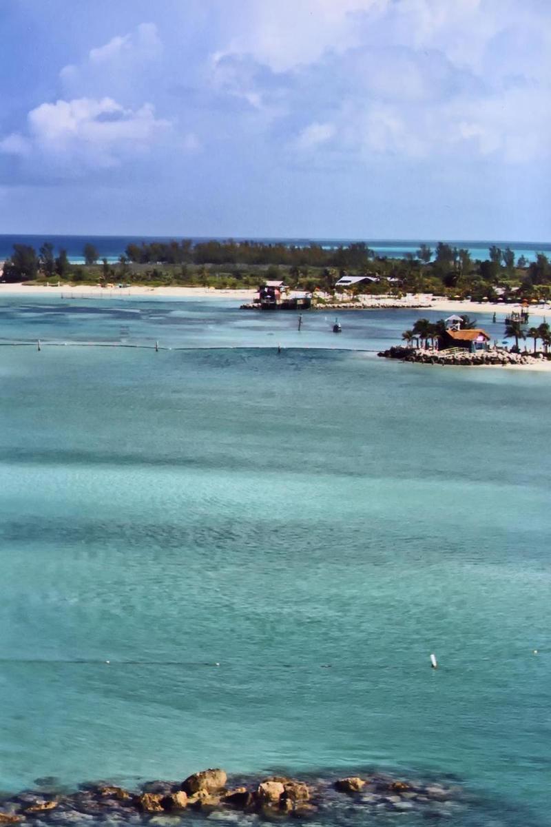 View over a lagoon on the resort island of Castaway Cay.