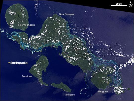 The Solomon Islands consist of two major island groups, the western New Georgia Islands and the eastern Santa Cruz Islands. This Landsat image shows some of the islands of the former group. The nearly circular island in the upper left is Kolombangara. Then, proceeding clockwise, is the large island of New Georgia, and the smaller islands of Vangunu, Tetepare, and Rendova. Located along two geologic plate boundaries, the islands are prone to volcanism, earthquakes, and tsunamis. Image courtesy of NASA.