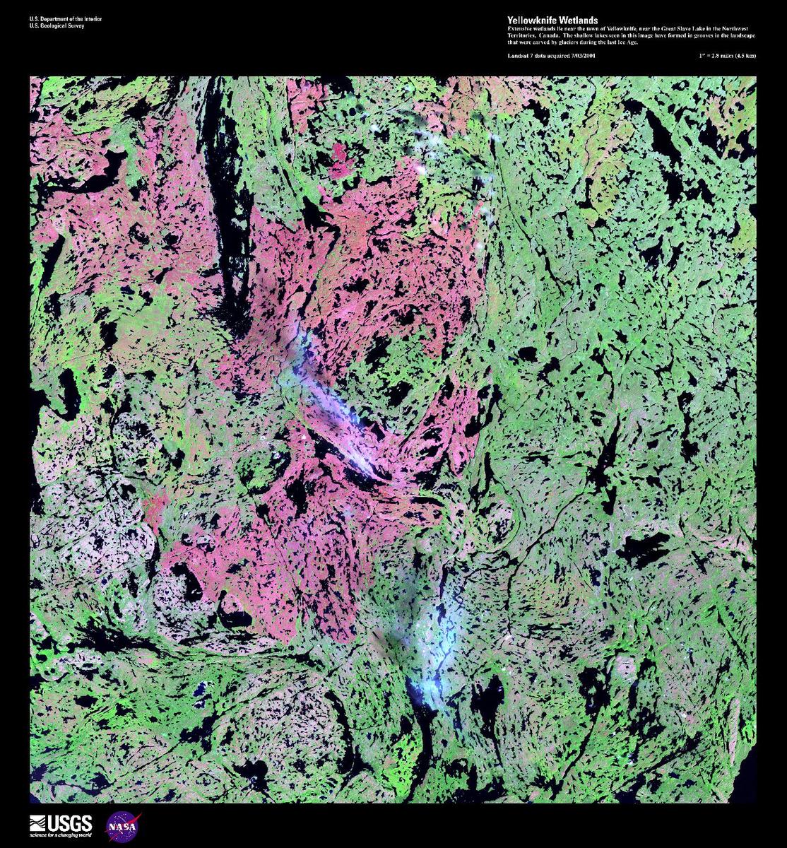 Extensive wetlands lie near the town of Yellowknife, just north of Great Slave Lake in the Northwest Territories. The hundreds of shallow lakes, shown as black in this false-color satellite image, have formed in grooves in the landscape that were carved by glaciers during the last Ice Age. The red in this image could represent grass or marshland, while the green is taller vegetation, such as shrubs and trees. Image courtesy of USGS.
