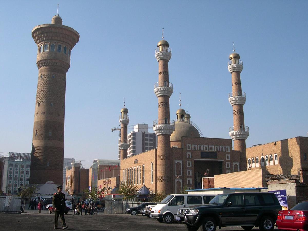 The mosque in downtown Urumqi, Xinjiang Province was built in 1919. One of the most beautiful parts of the structure is its prayer hall, decorated with glazed tiles in colorful patterns of flowers and plants.