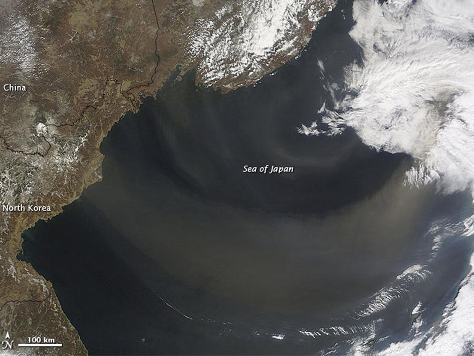 A dust plume arose over China's Inner Mongolia Autonomous Region and on 9 April 2012, began its eastward journey over the Sea of Japan. New research shows that dust accounts for most of the 64 million tons of foreign aerosol imports that arrive in the air over North America each year. Credit: NASA Earth Observatory/Jeff Schmaltz.