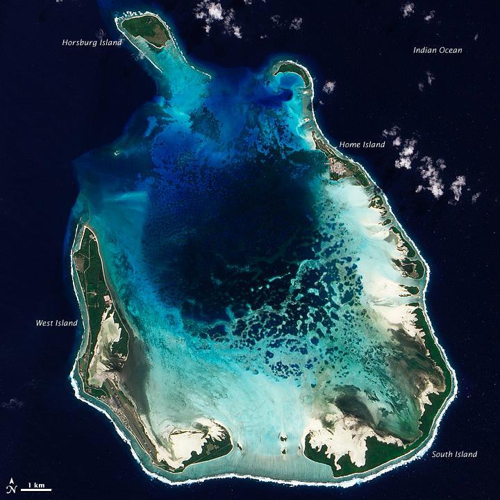 The Cocos (Keeling) Islands lie in the eastern Indian Ocean, about 2,900 km (1,800 mi) northwest of the Australian city of Perth. Comprised of coral atolls and islands, the archipelago includes North Keeling Island and the South Keeling Islands. This natural-color satellite image of the South Keeling Islands dates to 31 July 2009.
Coral atolls - which are largely composed of huge colonies of tiny animals - form atop islands. Over time the islands may subside, but the coral remains growing upward and generally forming complete or partial rings. Only some parts of the South Keeling Islands still stand above the water surface. In the north, the ocean overtops the coral.
Along the southern rim of this coral atoll, the shallow water appears aquamarine. The water darkens to navy blue as it deepens toward the central lagoon. Above the water line, coconut palms and other plants form a thick carpet of vegetation.
In 2005, the Australian Government issued a report on the Cocos (Keeling) Islands, summarizing field research conducted between 1997 and 2005. Overall, the report noted, "the coral reef community at Cocos (Keeling) Islands is very healthy and in a stable period, with little impact from anthropogenic activities." Image courtesy of NASA.