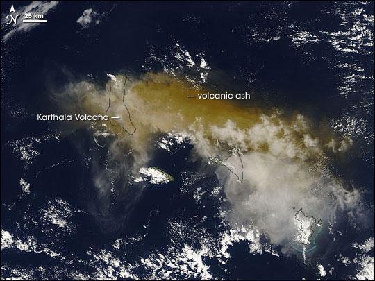 On 24 November 2005, some 2,000 people fled their homes hoping to escape the latest eruption of the Karthala Volcano. The volcano covered nearby villages in ash and locals had little means of protecting their lungs beyond covering their faces with scarves.
Karthala is one of two volcanoes that make up Grande Comore (or N'gazidja) Island in the Comoros archipelago. These islands lie in the Indian Ocean, between Africa and Madagascar. In this image of 25 November 2005, Grande Comore appears only in outline as material from the eruption completely obscures the satellite's view of the land surface. The volcanic ash ranges in color from tan to beige; it has spread out around the volcano in all directions, but moves primarily eastward.
With an altitude of 2,361 m (7,746 ft), Karthala is a shield volcano, with smooth slopes built from hardened lava. Comprising the southern portion of Grande Comore Island, Karthala is a regular troublemaker in its neighborhood. The volcano has erupted about 20 times in the last century. Photo courtesy of NASA.