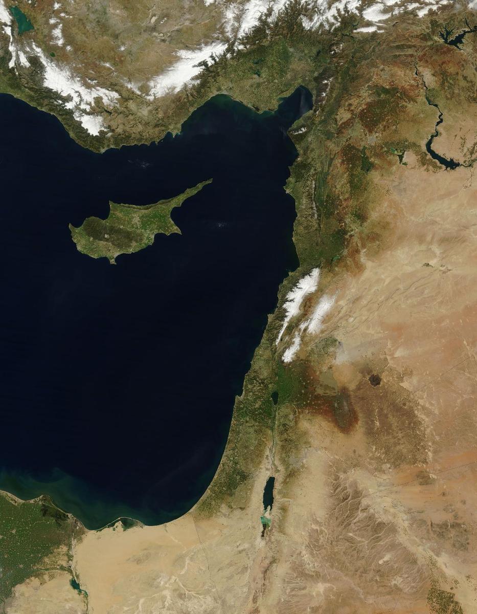 The Levant, the eastern coast of the Mediterranean Sea, is vividly displayed on this satellite image. Cyprus' distinctive shape points to the Gulf of Iskenderun in southern Turkey. Other Levant countries in a clockwise direction are Syria, Lebanon, Israel, and Egypt. Snow appears clearly in the mountains of Turkey (top) and Lebanon (center) and in thin strips in between in the highlands of Syria. Photo courtesy of NASA.