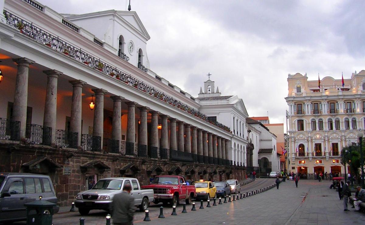 The Palacio de Carondelet (Carondelet Palace) on Independence Square in Quito. The building serves as the seat of government and is the presidential residence. The luxury Hotel Plaza Grande on the right takes its name from the original appellation for the square. Historic Independence Square and its surrounding buildings have all been inscribed as a UNESCO World Heritage Site.