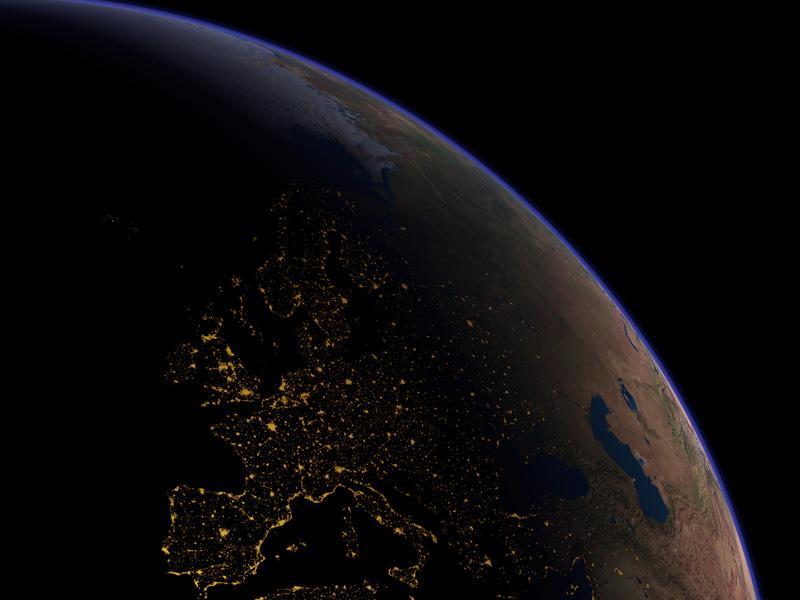This fantasy image of Europe at night is a digital composite of archived satellite images taken both during the day and night. The view is different from what an astronaut would see for reasons including a complete lack of clouds and an unrealistic exaggeration of lights and contrasts. Even so, the geography underlying the image is captivating. Image courtesy of NASA.