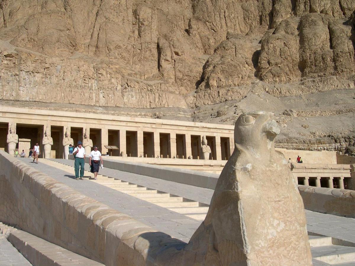Stairway and ramp leading up to Hatshepsut's temple at Deir el-Bahri. Hatshepsut lived between 1508-1458 B.C. She was the eldest daughter of Pharaoh Thutmose I and married her half brother, Thutmose II. When he died, she became pharaoh. Her 22-year reign is known for bringing prosperity to her subjects.