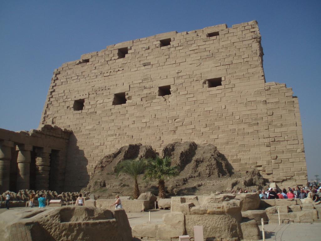 Rear of the First Pylon in the Temple of Karnak showing the remains of the mud-brick rampart used to construct the pylon.