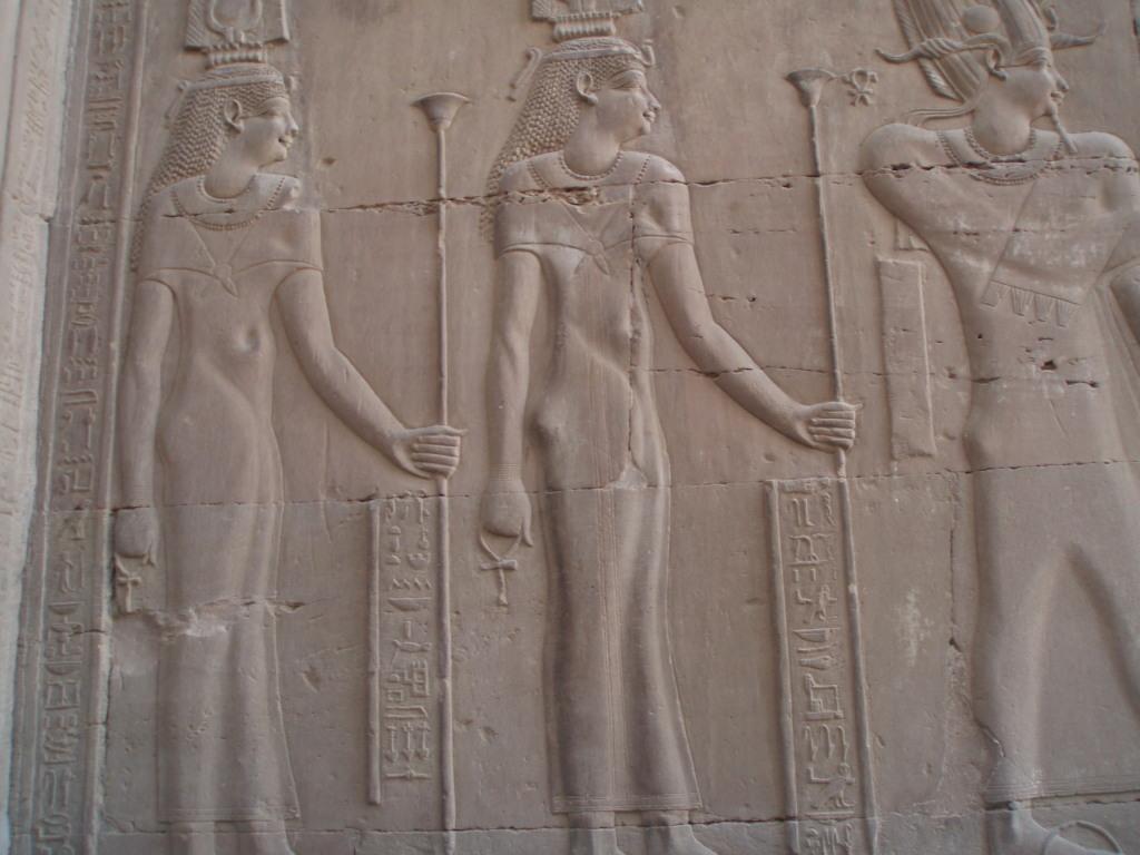 Relief at the Temple of Haroeris and Sobek at Kom Ombo showing gods. Almost all remains at the temple are from the Ptolemaic period.