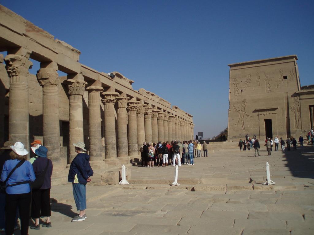 The West Colonnade in the Temple of Isis on the island of Philae in the Nile near Aswan. It was built during the Roman period.