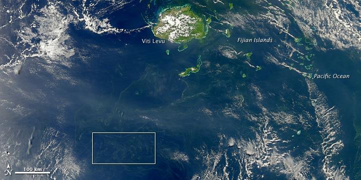 It is hard to believe, but some of the smallest organisms on our planet can be viewed from space. Diminutive bacteria and plankton (microscopic, floating plants) can merge into great chains and mats that can be detected by satellites hundreds of kilometers up. NASA's Aqua satellite captured this image of a plankton or bacterial bloom south of Fiji on 18 October 2010. Photo courtesy of NASA.