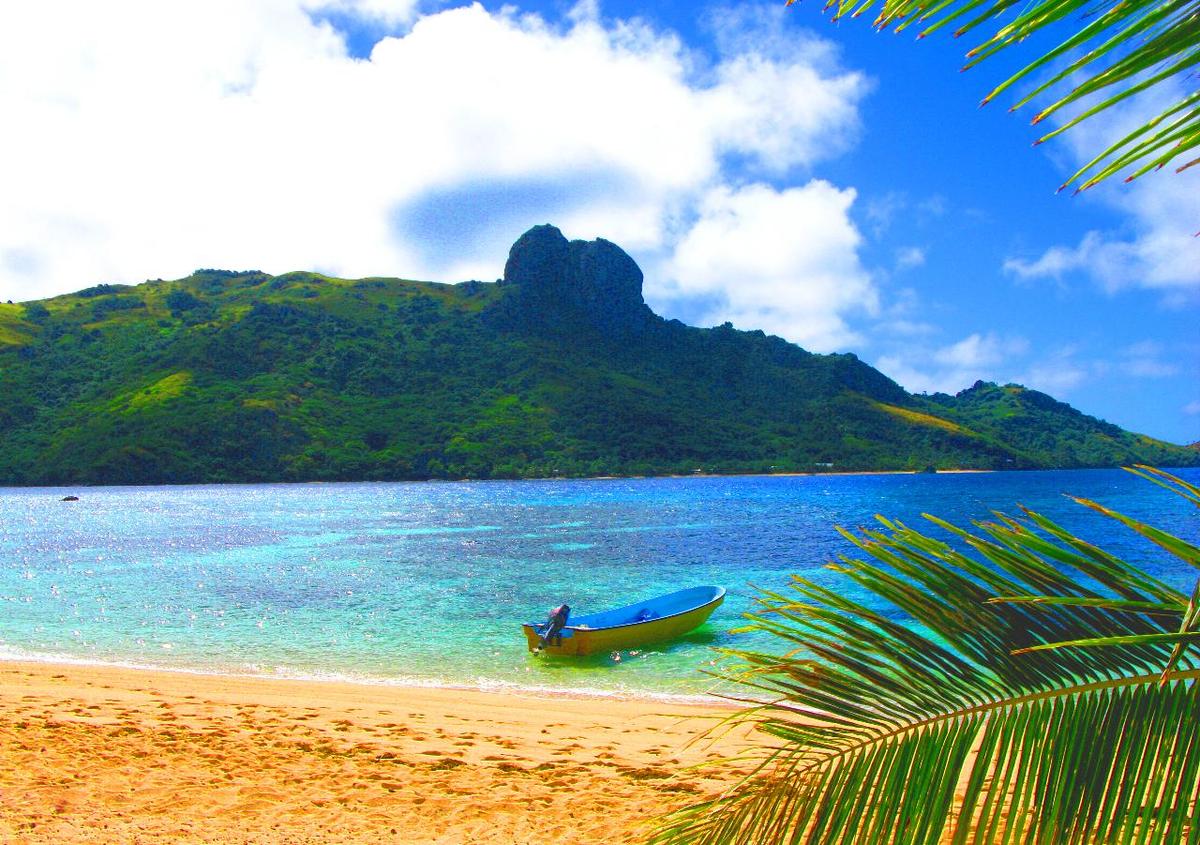A beach on the island of Kuata, the smallest of the Yasawa Islands Group. Tourism is of growing importance to the island's economy; its deep lagoon is excellent for swimming and snorkeling.