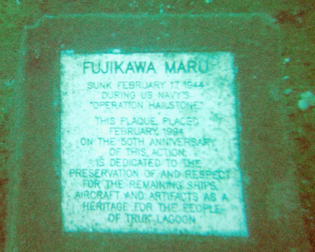 Underwater plaque in Chuuk (Truk) Lagoon.