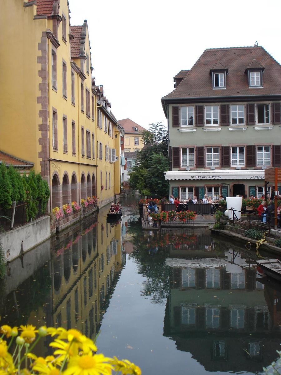 Buildings along a canal in Colmar, an Alsatian town known as "Little Venice." Situated on the Lauch River, Colmar connects to the Rhine via a canal.