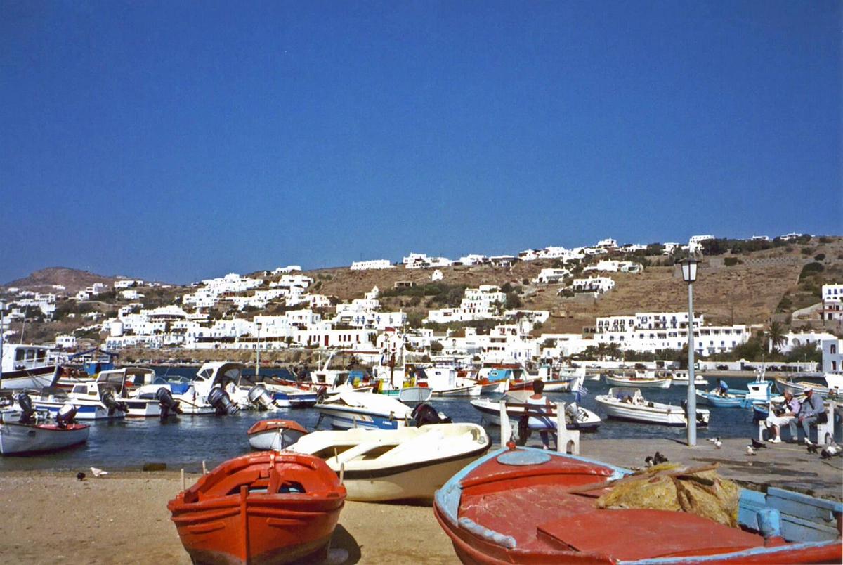 Boats in the harbor at Mykonos.