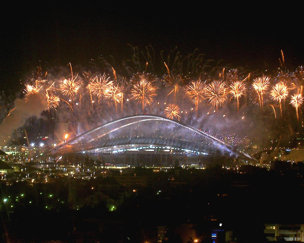 The Olympic Stadium in Athens during the 2004 Olympic celebrations.