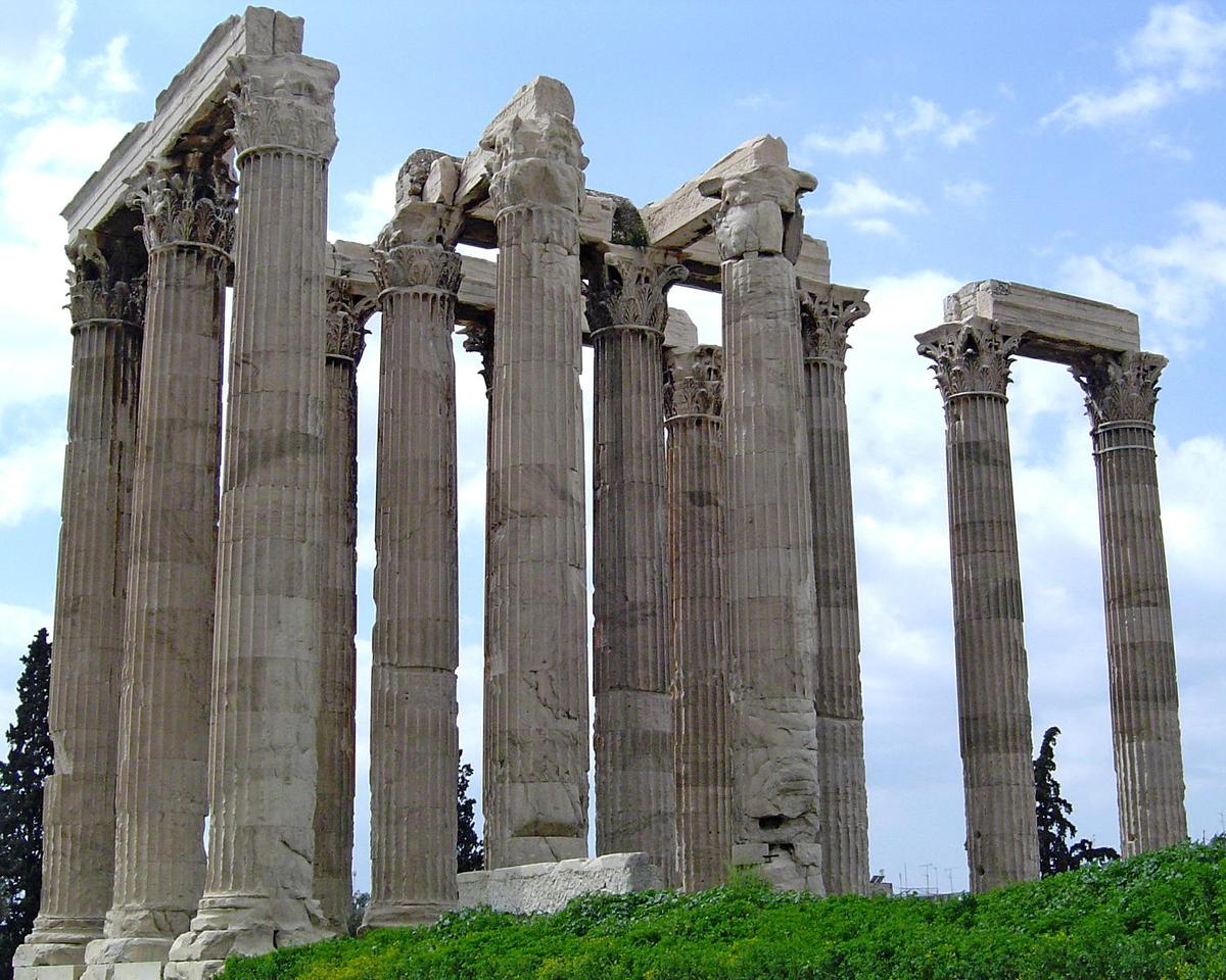 Thirteen of the columns of the Temple of Olympian Zeus (Olympieion) in Athens. Originally, 104 columns supported this massive structure, which was begun in 520 B.C. but not fully completed until A.D. 132!