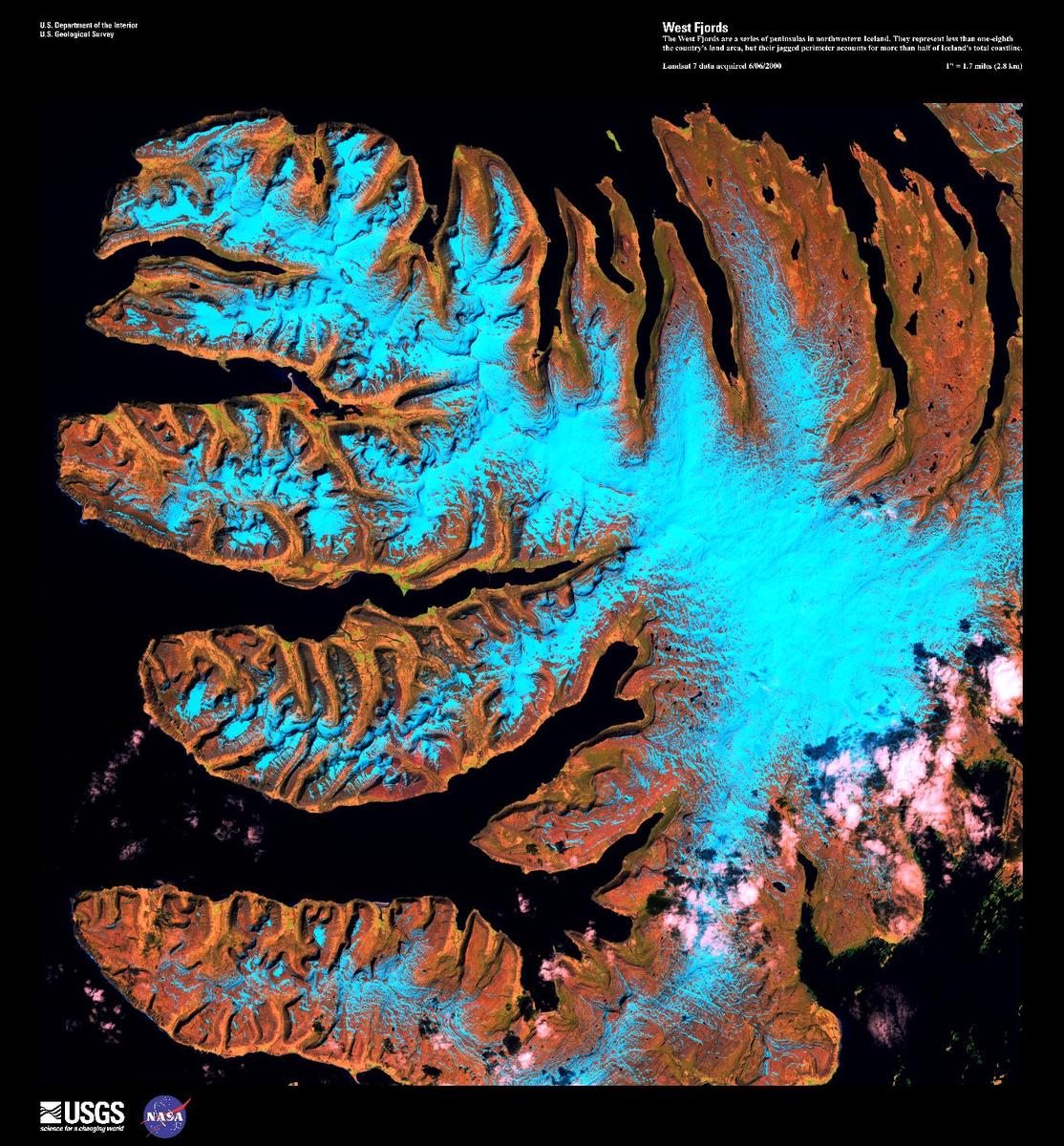The West Fjords are a series of peninsulas in northwestern Iceland, shown in this false-color satellite image. They represent less than one-eighth the country's land area, but their jagged perimeter accounts for more than half of Iceland's total coastline. Black areas represent the sea; light blue snow and ice. Image courtesy of USGS.