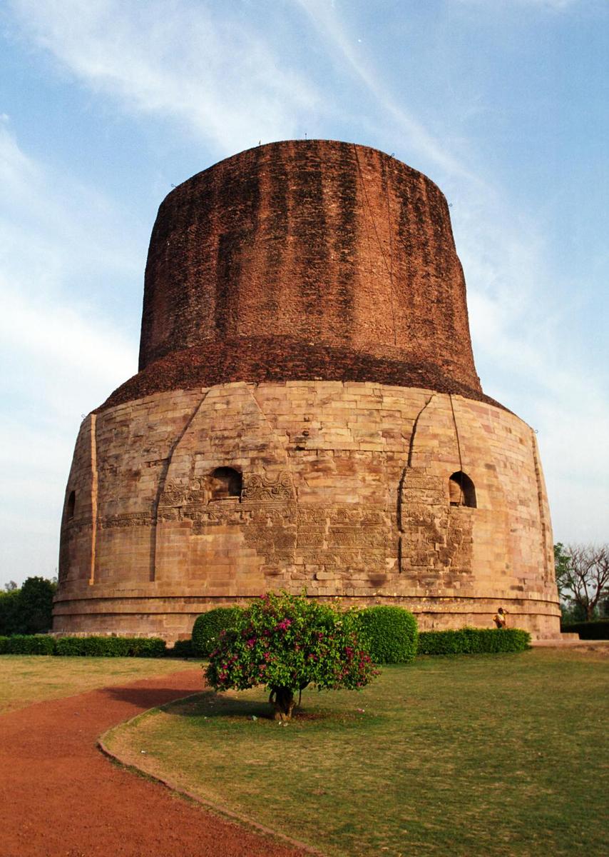This mound-like structure called the Dhamek Stupa is 143 feet high and 92 feet wide. Located in Sarnath, in the state of Uttar Pradesh, it is believed to be the location of Buddha's first sermon to his five disciples after attaining enlightenment.