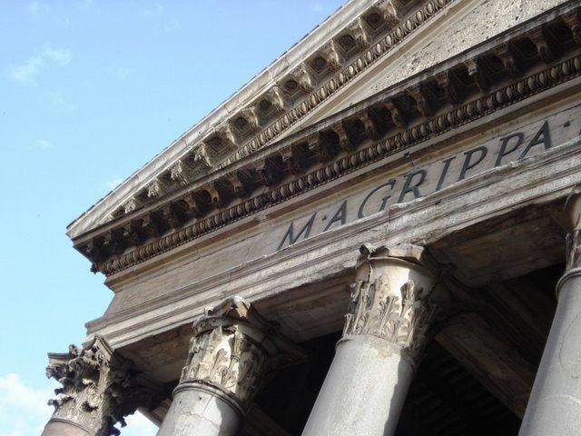 Part of the inscription on the facade of the Pantheon in Rome naming Marcus Agrippa as the builder. The structure was dedicated in 27 B.C. as a temple to all the gods.