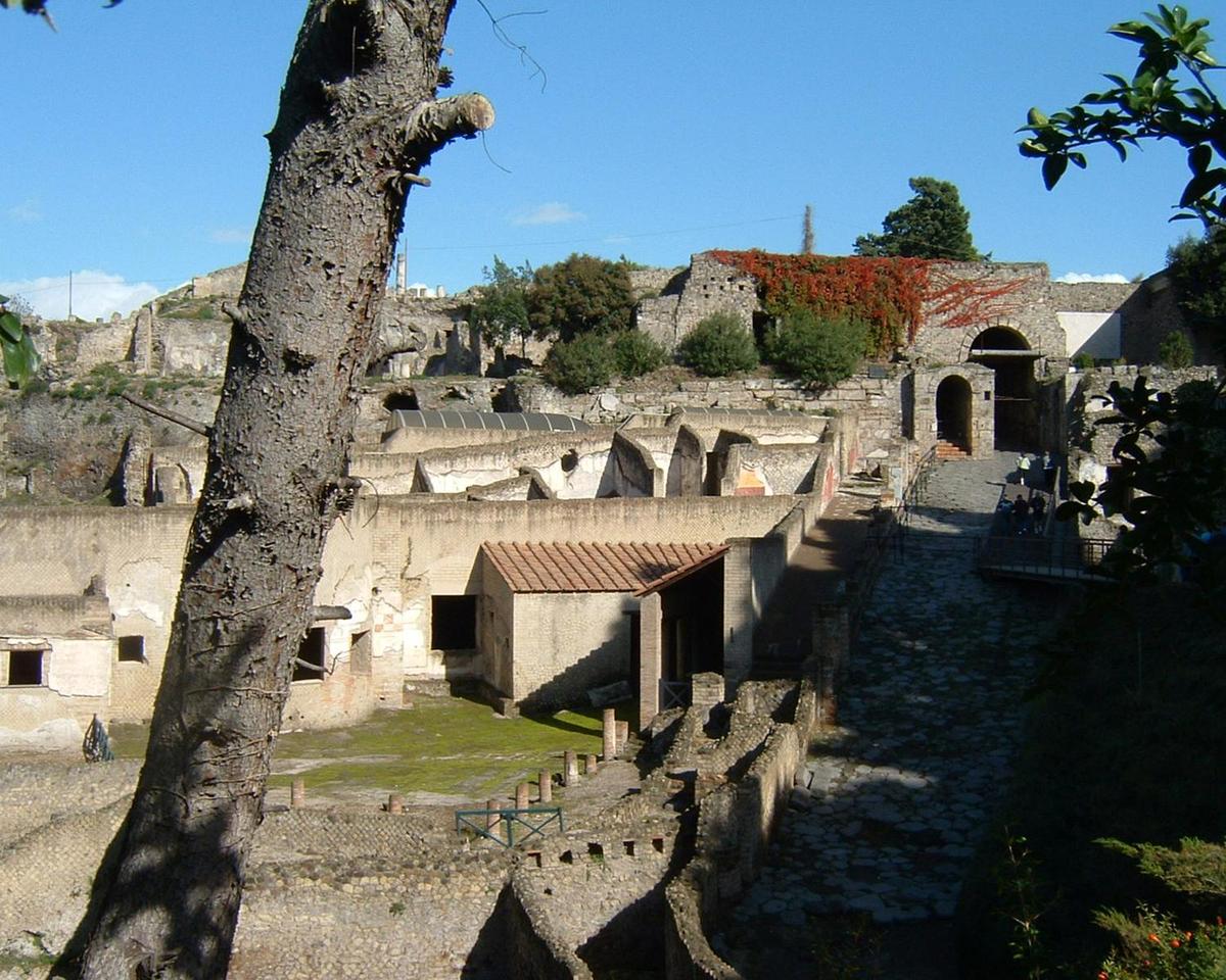 A view of some of the ruins at Pompeii, buried in the eruption of Mt. Vesuvius in A.D. 79 and not rediscovered until the 18th century.