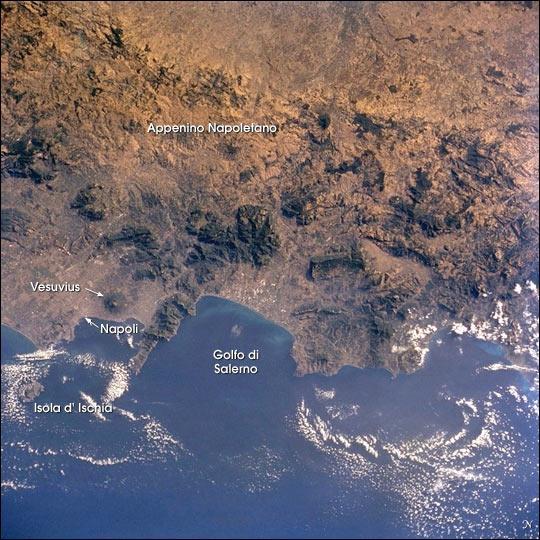 For more than 240 million years the region now known as Italy has been the scene of episodic volcanic activity. East-southeast of Napoli (Naples) stands the imposing cone of Vesuvius, which erupted explosively in A.D. 79 to bury Pompeii and Herculaneum. The Appenine ranges extend from northern Italy, down the boot of the peninsula and westward into Sicily. This photograph shows the Appenino Napoletano part of the mountain chain. Image courtesy of NASA.