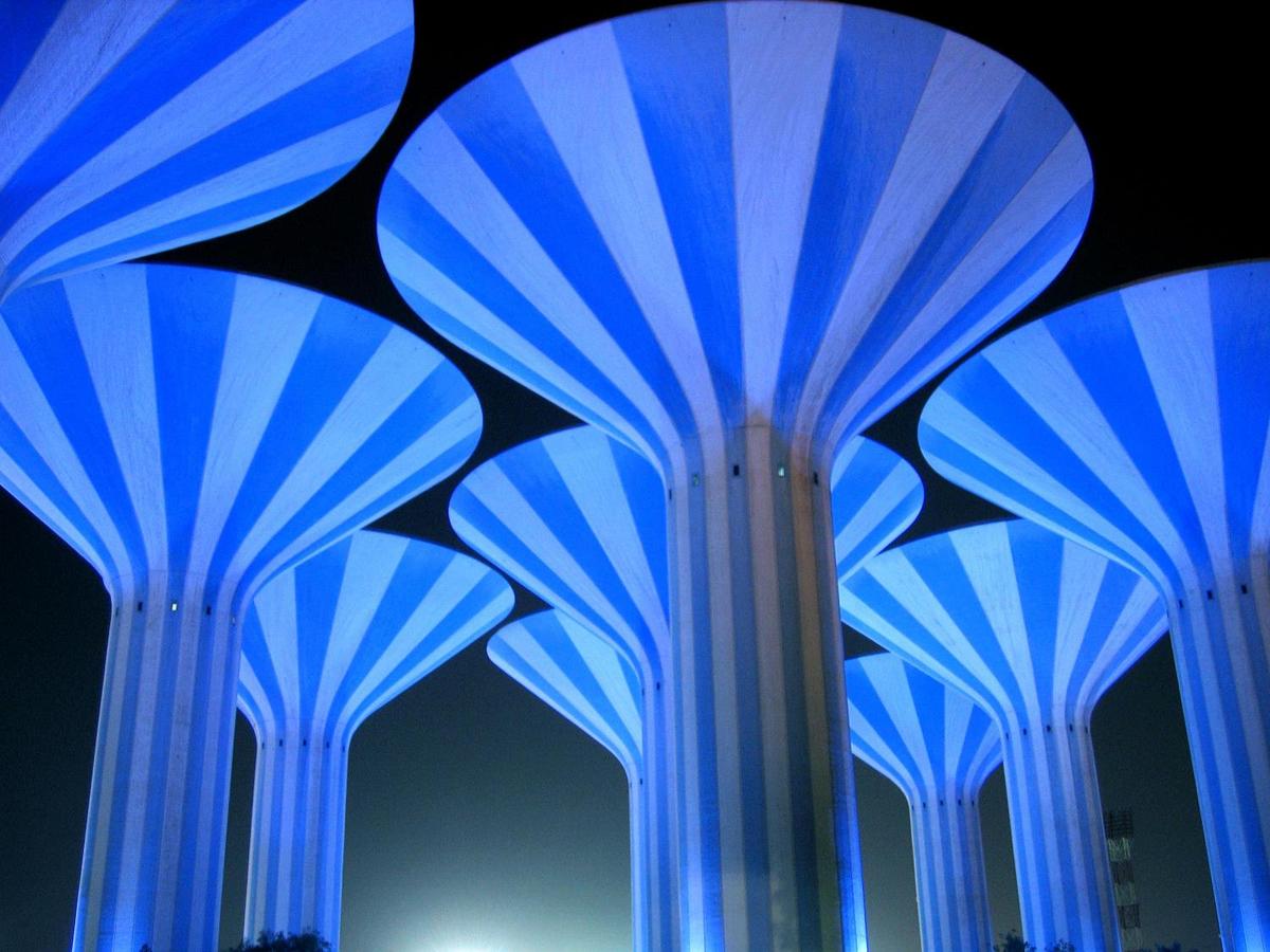 "Mushrooms" in the desert: water towers in Kuwait.