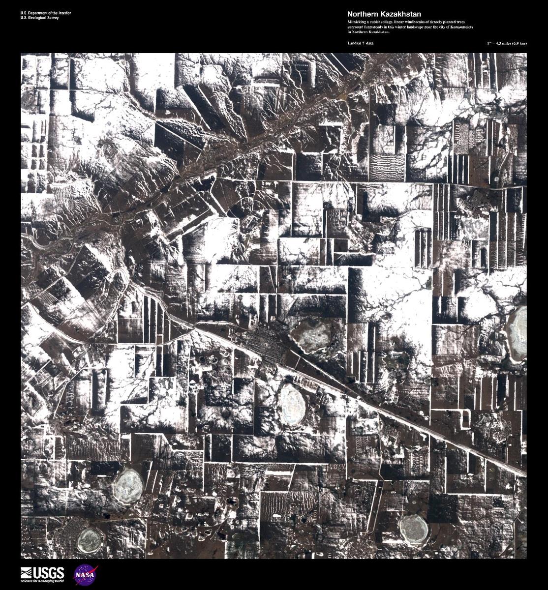 Mimicking a cubist collage, linear windbreaks of densely planted trees surround farmsteads in this winter landscape near the city of Komsomolets in northern Kazakhstan. Image courtesy of USGS.