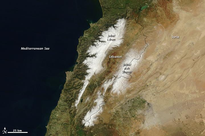 Bordering the eastern Mediterranean Sea, Lebanon might call to mind sunny beaches and historic port cities like Sidon and Tyre. However, the country is also home to towering, snowy mountains and ski resorts. In fact, the name Lebanon is derived from the Semitic word lbn, which means "white" in reference to either the snow-covered mountains or limestone cliffs. This satellite image highlights the country's two mountain ranges, Jebel Liban and Jabal ash Sharqim, covered in fresh snow. (Jebel or jabal mean "mountain" in Arabic.) Snow is not unusual in Lebanon, where ski resorts are open about three months of the year. Photo courtesy of NASA.