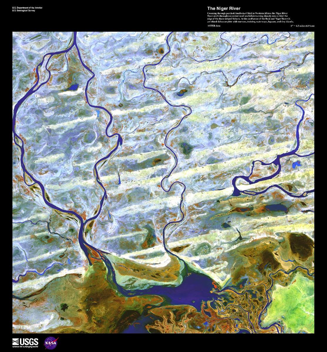 Coursing through parched, landlocked Mali, the Niger River flows north through an ancient sand sea before turning sharply east to skirt the edge of the dune-striped Sahara; it then heads south, through Niger, Benin, and Nigeria, to the Gulf of Guinea. At the confluence of the Bani and Niger Rivers in Mali lies a vast Inner Niger Delta the size of Belgium and composed of narrows, twisting waterways, lagoons, and tiny islands (some of which are shown here). Due to evaporation and seepage in this area, the river loses two thirds of its potential flow. The Niger River's strange crescent-shaped route is believed to have been formed when two ancient rivers merged as the region dried. From the Niger's source near the coast to the bend, the Upper Niger once emptied into a now gone lake. In the hills near the ancient lake, the Lower Niger began and flowed south to the Gulf of Guinea. False-color image courtesy of USGS.