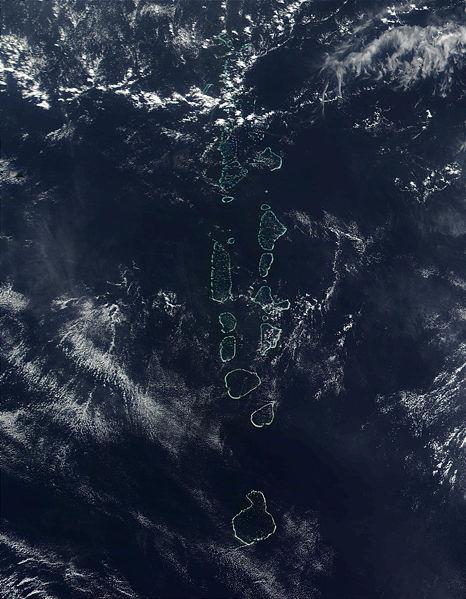 All but the southernmost of the Maldives many atolls, Addu Atoll, is visible in this 2006 space-based image. Photo courtesy of NASA.
