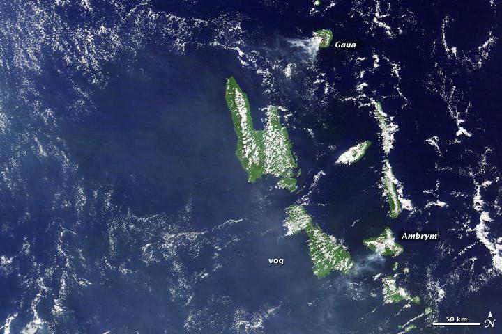 A higher-resolution view of the previous Vanuatu Archipelago image showing the two active volcanoes of Gaua and Ambrym. Vanuatu's two major islands of Espiritu Santo (top) and Malakula (bottom) appear in the center of the image. Photo courtesy of NASA.