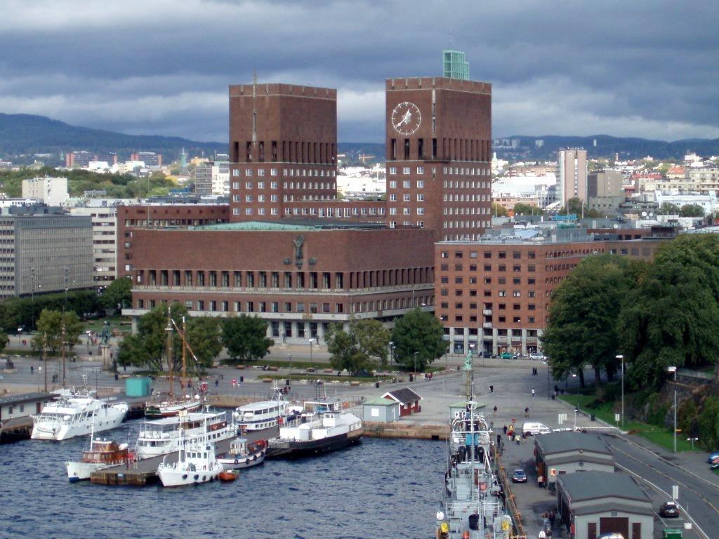The City Hall (Radhus) in Oslo. Although construction began in 1931, completion was delayed because of World War II. The building was finally inaugurated in 1950. The Nobel Peace Prize ceremony takes place in the City Hall every year on 10 December.