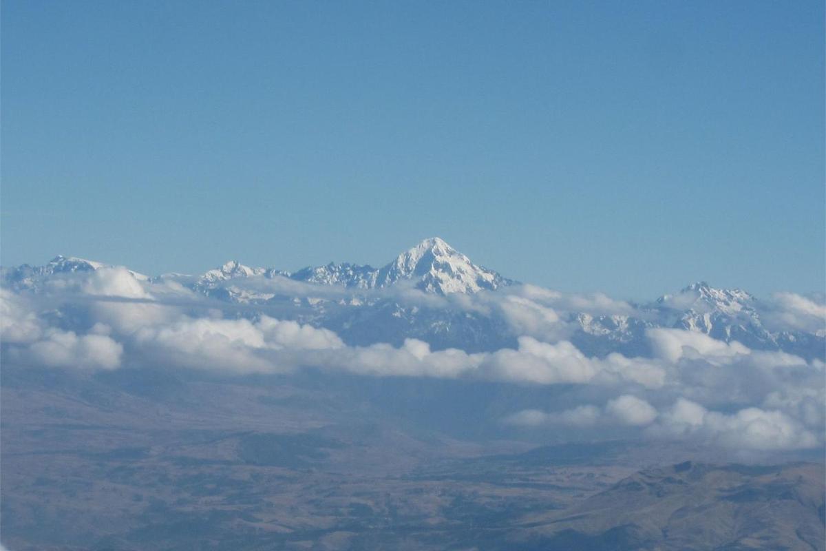 Aerial shot of snow-capped Andes Mountains between Lima and Cuzco.