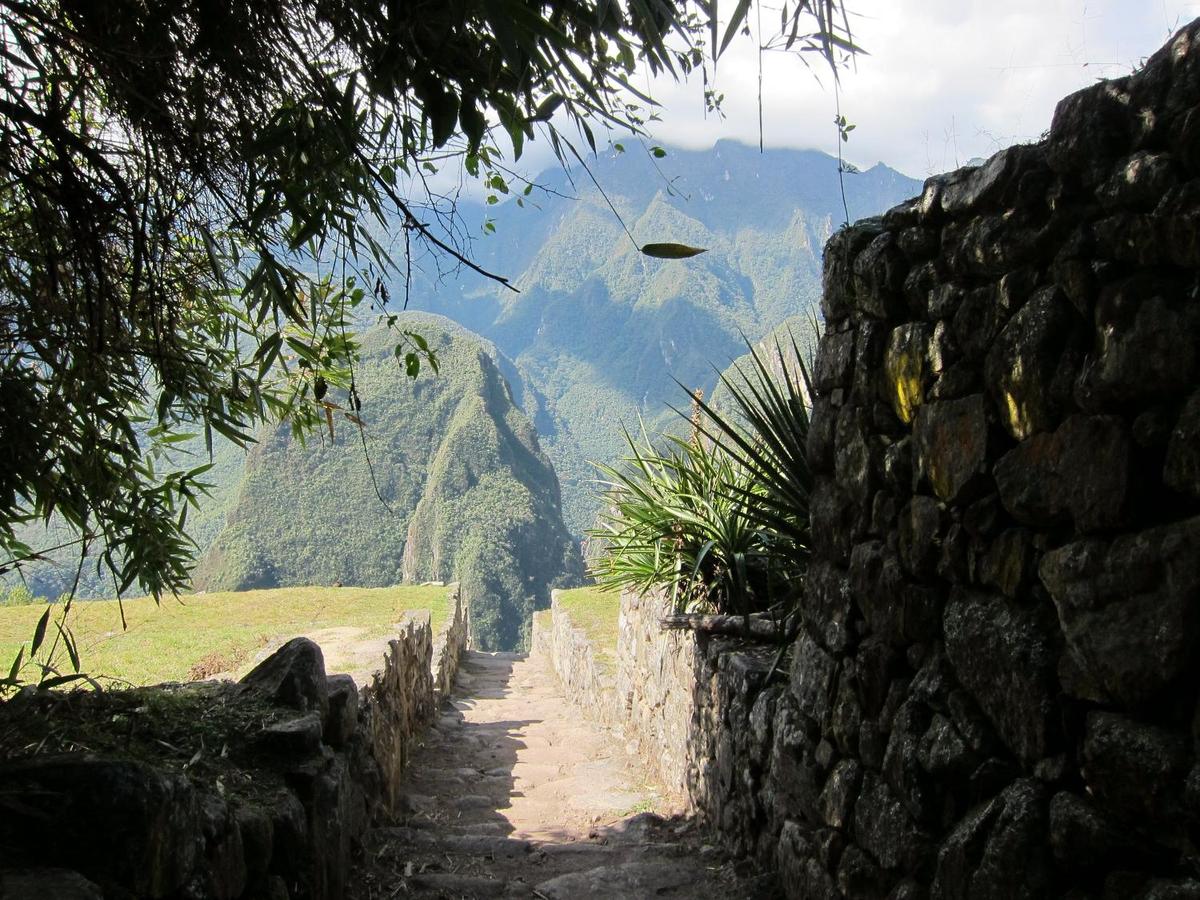 A section of the Inca Trail near the Machu Picchu ruins. The trail between Cusco, the Inca's ancient headquarters, and the ruins is approximately 80 km (50 mi).