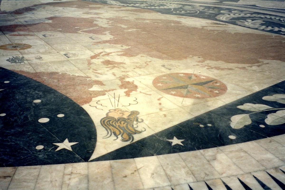 A mosaic at the base of the Monument to the Discoveries in Lisbon shows a world map with routes of the various Portuguese explorers.