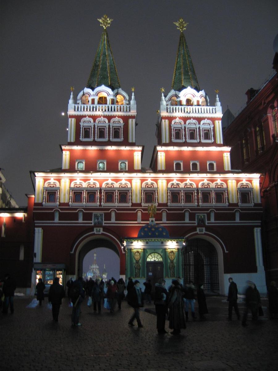 The Chapel of the Iveron Icon of the Mother of God was built in 1781 over the Voskresensky (Resurrection) Gate in Moscow to hold a replica of a Greek icon brought from Greece in 1669. The Soviet Government removed the chapel in 1929 and the gate in 1931. Both were rebuilt between 1994 and 1996. The gate leads to Red Square (Saint Basil's Cathedral may be seen through the opening).