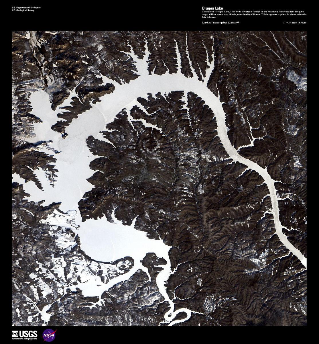 Nicknamed "Dragon Lake," this body of water is formed by the Bratskove Reservoir, built along the Angara River in southern Siberia, near the city of Bratsk. At its inauguration in 1967, the Reservoir was the largest artificial lake in the world with a surface area of 5,470 sq km (2,110 sq mi). This high-resolution satellite image was acquired in winter, when the lake was frozen. Image courtesy of USGS.