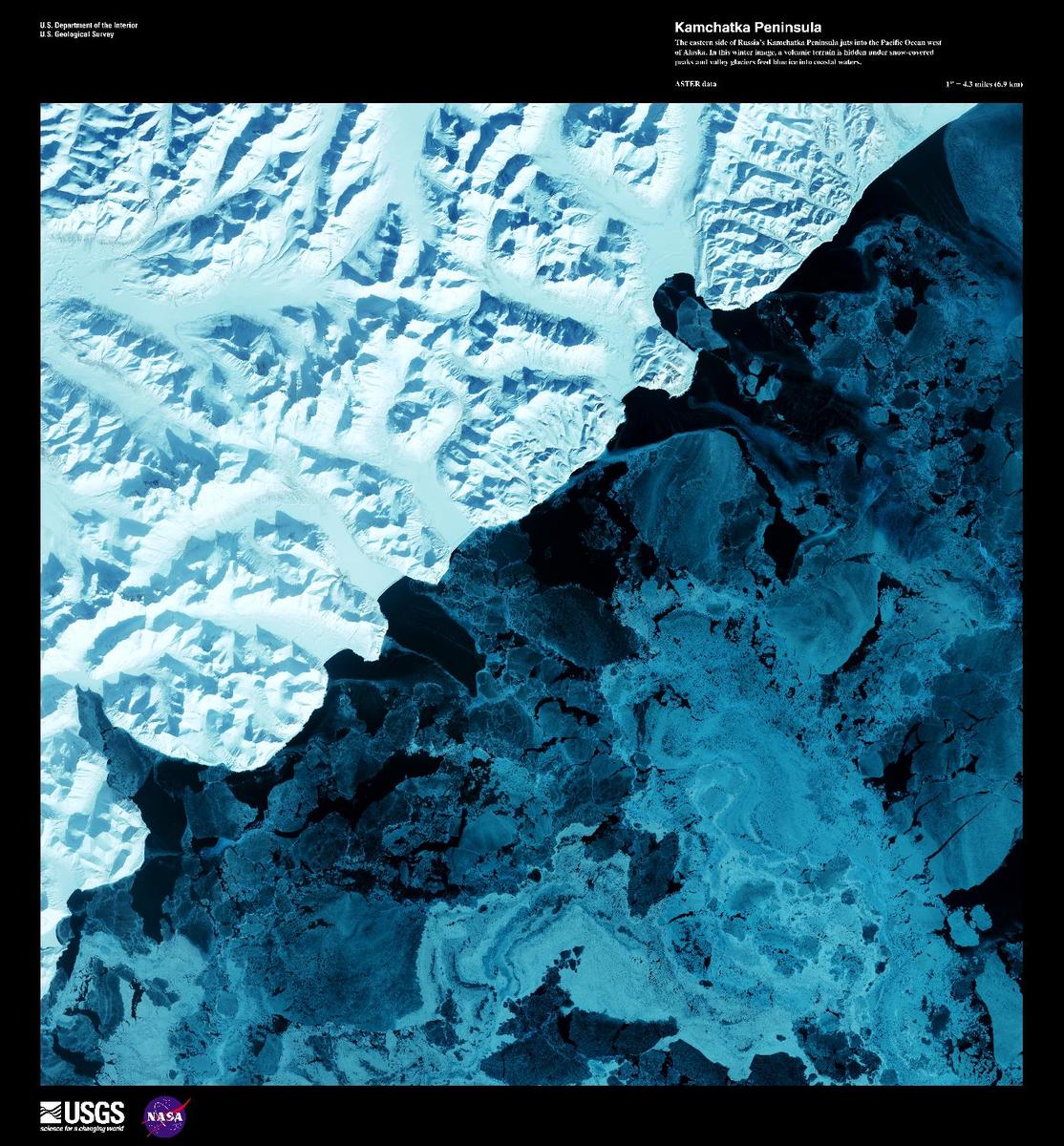 The eastern side of the Kamchatka Peninsula juts into the Pacific Ocean west of Alaska in this enhanced winter satellite image. Snow-covered peaks and valley glaciers feed blue ice into coastal waters. The Kamchatka Peninsula is home to 160 volcanoes, 29 of which are active. The Volcanoes of Kamtchaka together form a UNESCO World Heritage Site. For other active volcanoes in Russia, see the Natural hazards-volcanism subfield in the Geography section. Image courtesy of USGS.