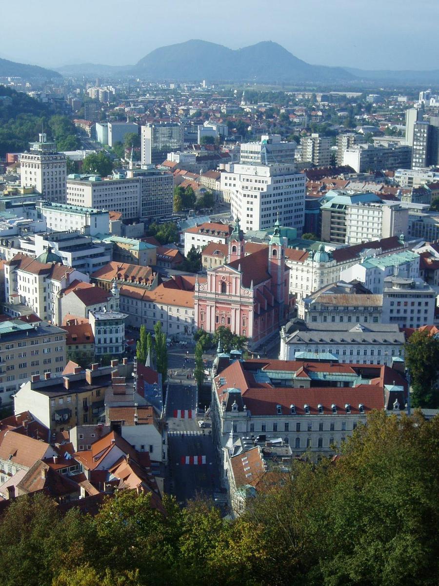 The central skyline of Ljubljana, capital of Slovenia, as seen from atop the castle tower overlooking the city.