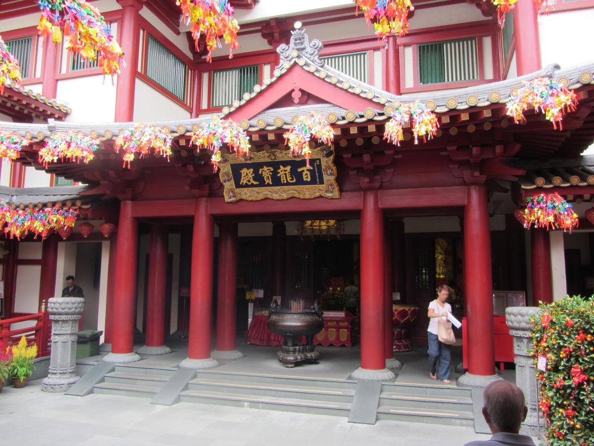 Entrance to the Buddha Tooth Relic Temple in Singapore in Chinatown. The four-story building displays Tang Dynasty architecture.
