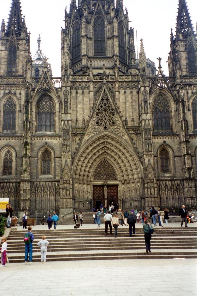 The neo-Gothic facade of the Cathedral of the Holy Cross and Santa Eulalia in Barcelona (built 13th-15th centuries).